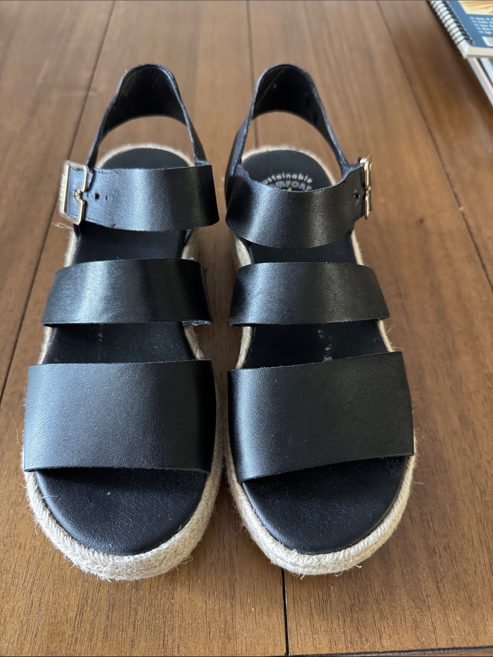 Dr. Scholl's Black Triple-Strap Espadrille Sandals with Gold Buckles